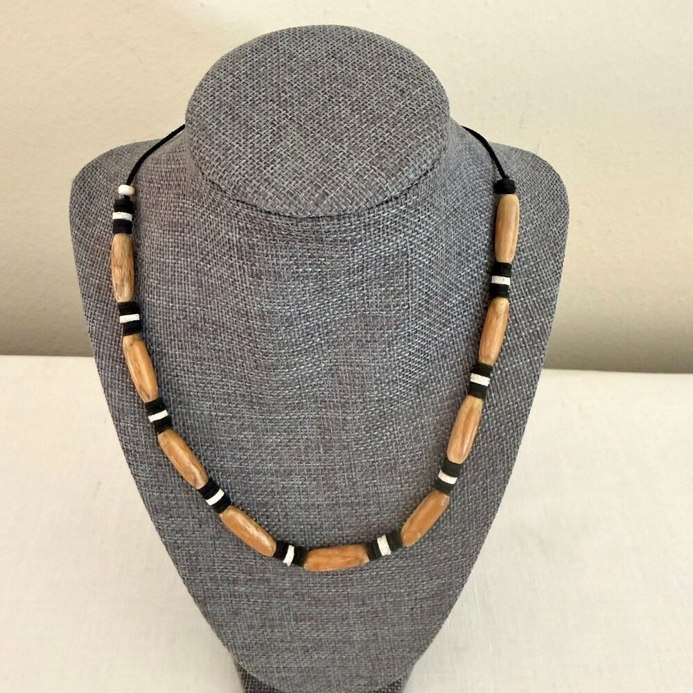 Boho Tribal Wood Bead Necklace Handmade Leather Spacers 70s Folk Style Artisan 1